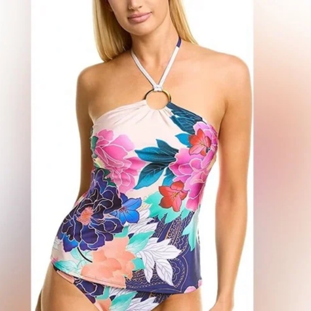 Trina Turk vibrant floral tankini top with gold tassels size 6